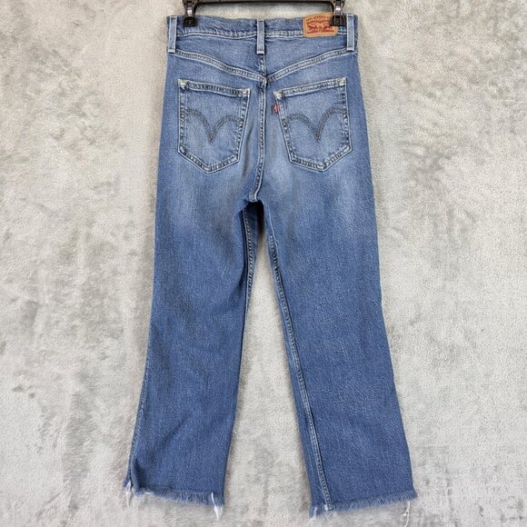 Levi's Jeans Womens 28 Blue Denim Cropped Straight Raw Hem Frayed Stretch Y6867 - Picture 8 of 11